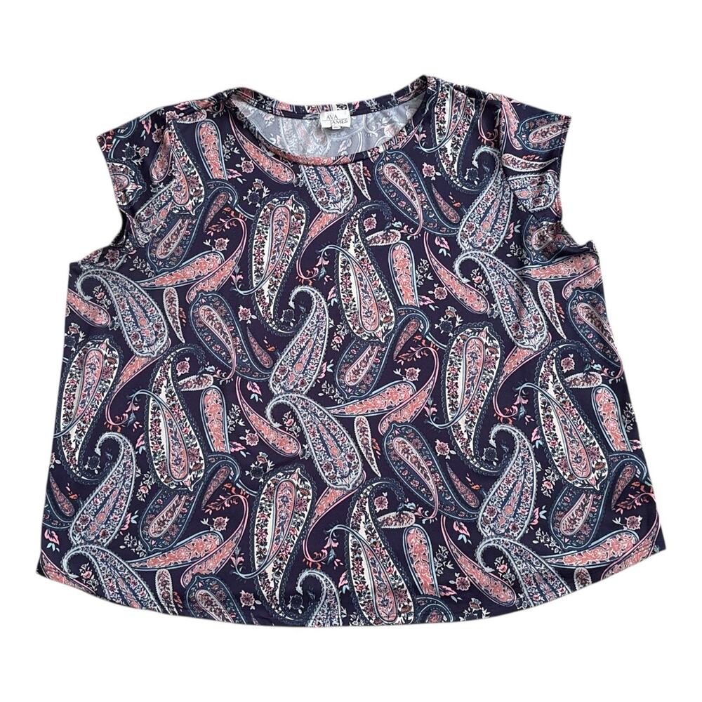 Ava James Womens Plus 2X Paisley Blouse Flutter Sleeve Stretch Knit Navy Pink - Picture 2 of 5